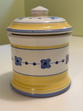 Vtg Caleca Marina Hand-Painted Italian Pottery Lid Canister Blue & Yellow Tuscan